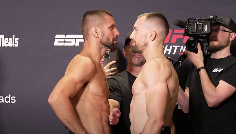 Gdzie te 7 cm różnicy wzrostu? Pierwszy staredown Mateusza Gamrota z Ludovitem Kleinem przed UFC Vegas (VIDEO)